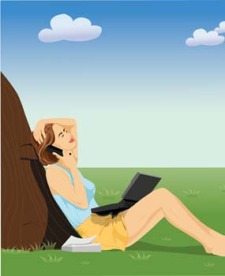 free vector Girl sitting with her laptop and phone