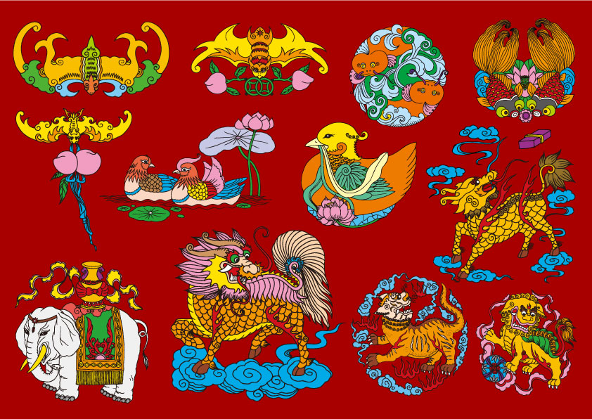 free vector 12 chinese folk auspicious patterns vector