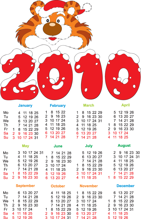 free vector 2010 calendar with cute tiger vector