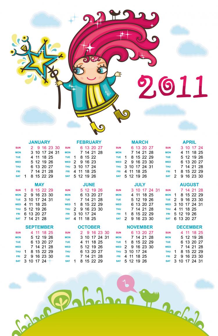 free vector 2011 handdrawn cartoon clip art calendar