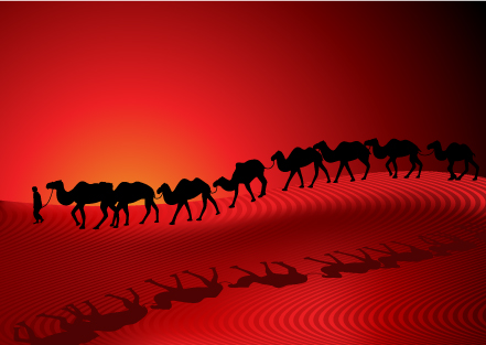 free vector Camel Desert Caravan Sunset Silhouette Red Background Vector