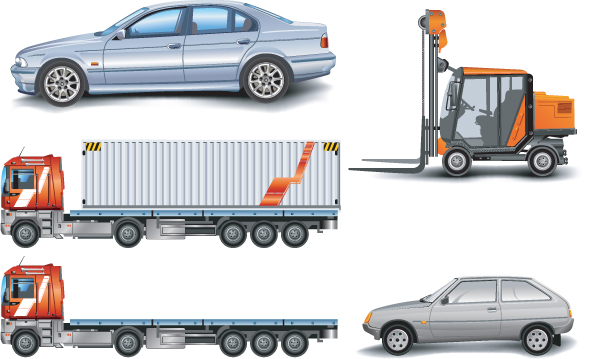 free vector Cars, container trucks, lifting trucks, large cars, forklift vector