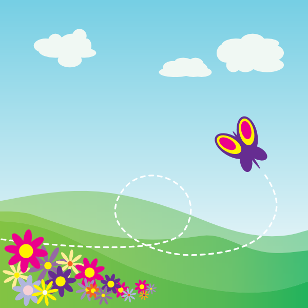 free vector Cartoon Hillside With Butterfly And Flowers clip art