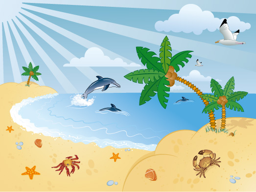 free vector Cartoon seaside scenery vector material