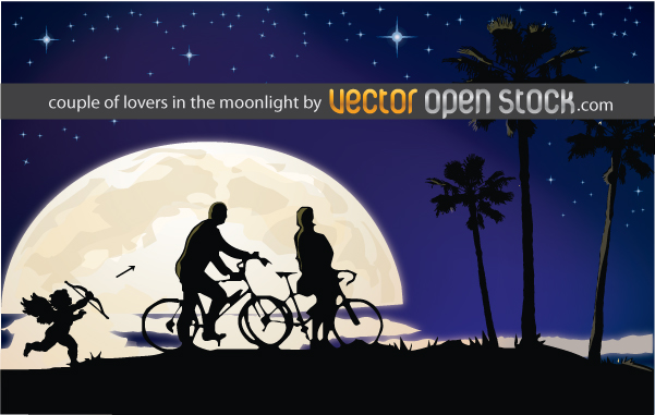 free vector Couple of lovers in the moonlight