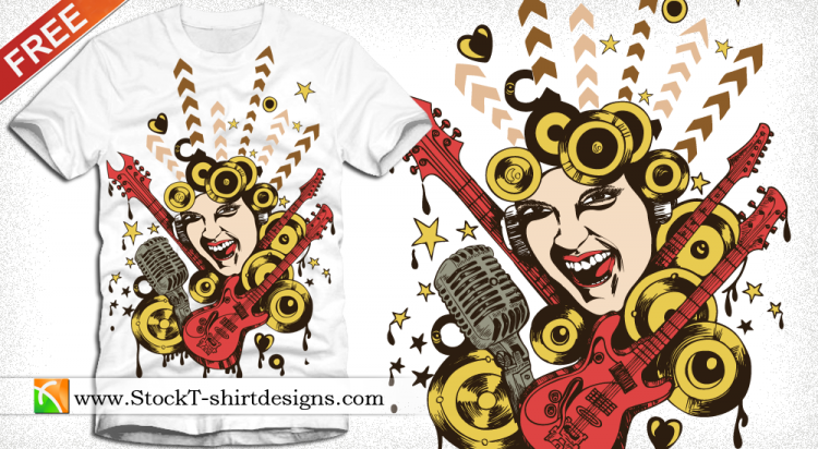 free vector Free Vector T-shirt Design with Singing Girl and Guitar