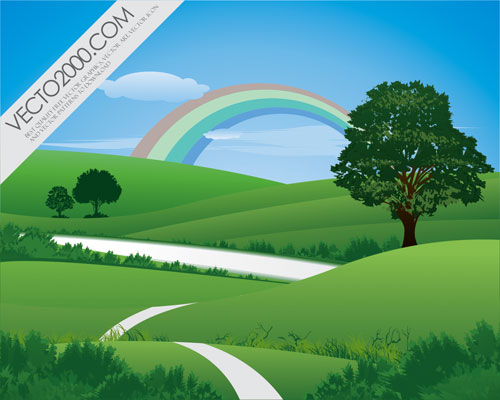 free vector Fresh green landscape with rainbow