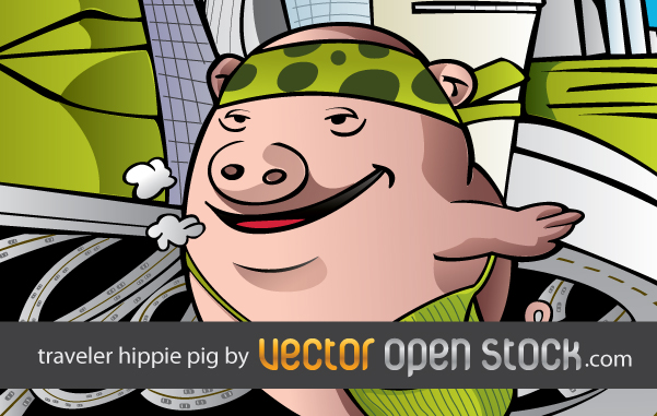 free vector Pig hippie traveling the world