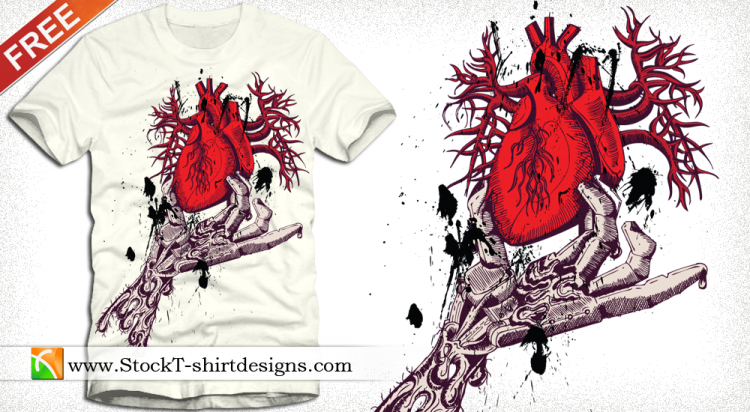 free vector Skeleton Hand Holding Anatomical Red Heart with Free Tee Design
