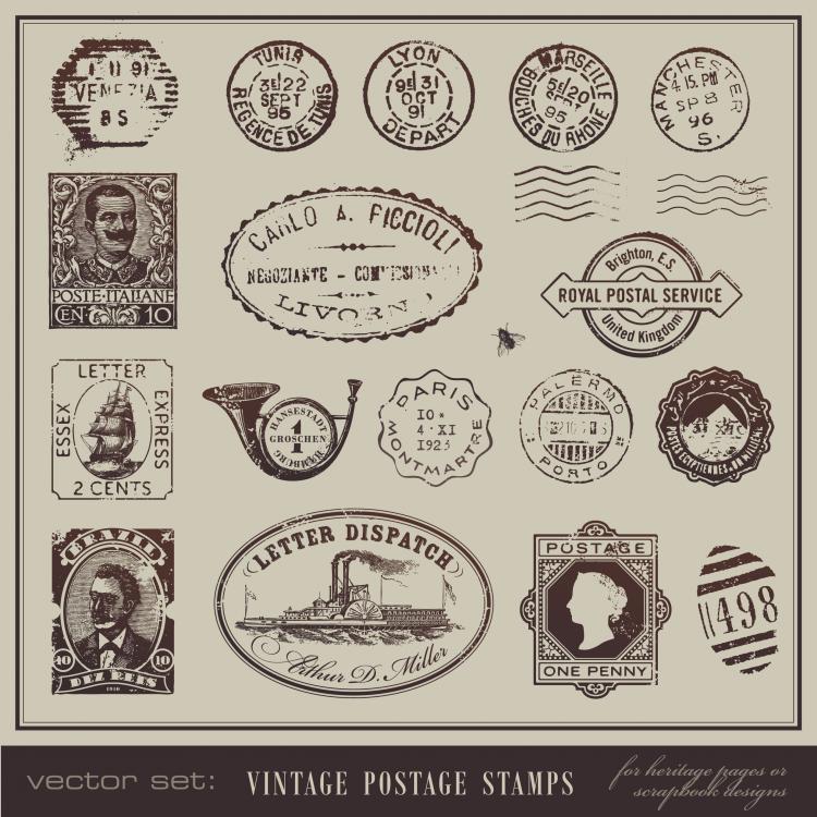free vector Vintage postcards and stamps 04 vector