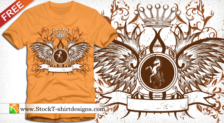 free vector Winged Shield with Crown and Floral Free T-shirt Design