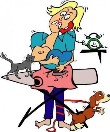 Busy Mom With Child And Pets clip art