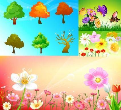 Flowers and trees butterflies vector