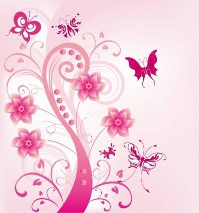 Pink Floral Swirl with Butterfies Vector Illustration