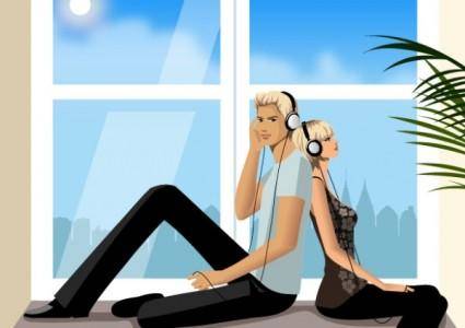 Men and women back to back music the fashion window vector