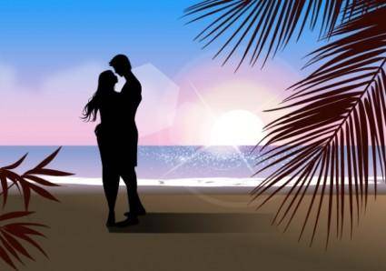 Fashionable men and women beach silhouette vector