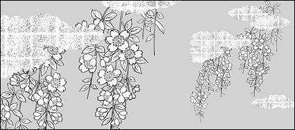 Vector line drawing of flowers-38(Cherry blossoms, clouds, gilded lattice)
