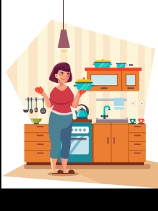 Kitchen work background woman furniture icons cartoon design