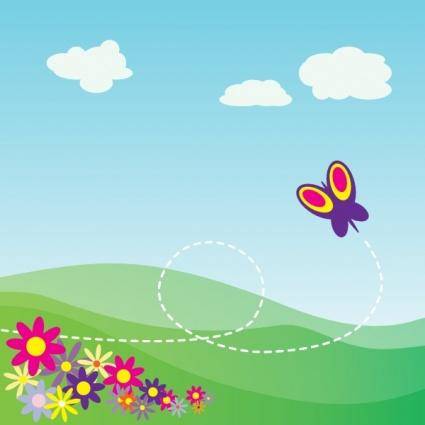 Cartoon Hillside With Butterfly And Flowers clip art